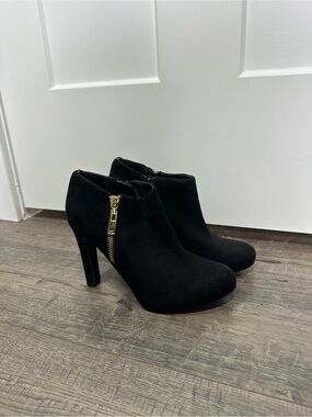 Marc Fisher Black Suede High Heel Ankle Booties with Gold Zip